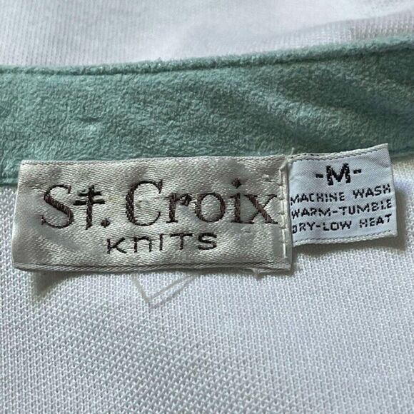 Vintage Womens St. Croix Knits White with Blue Suede Trim Cardigan Preppy Jacket - Picture 2 of 8